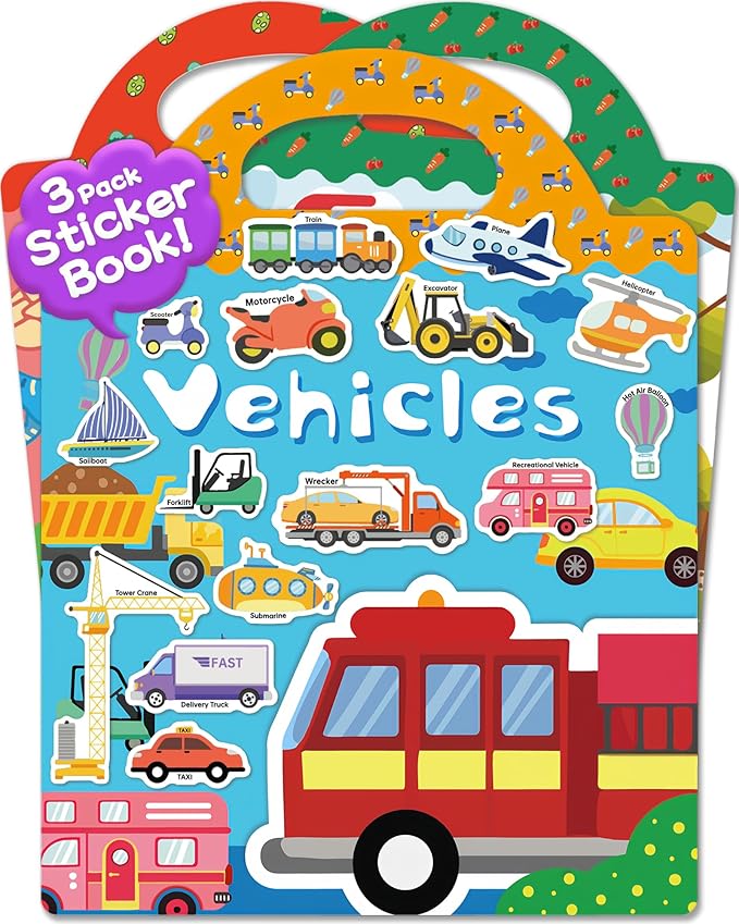 Benresive Reusable Sticker Book for Toddlers 2-4 Years, 3 Sets Travel Stickers for Kids, Waterproof Sticker Books for Toddlers 1-3, Crafts Activities for Todddlers 1-3 2-4 3-5