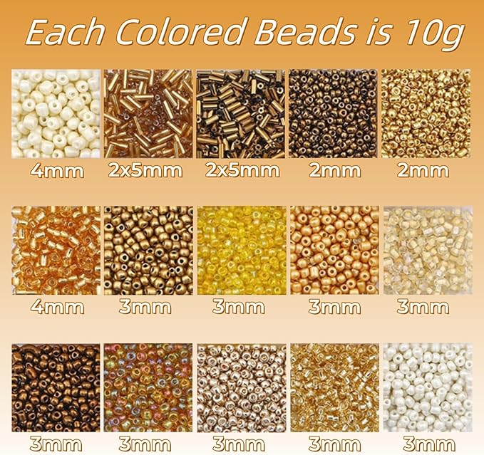 15 Color 4mm Small Assorted Glass Seed Beads,3mm Bugle Beads Friendship Bracelet Kit,2mm Tiny Tube Bead for Jewelry Making(Gold)