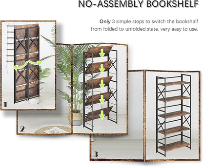 4NM 5 Tiers No Assembly Book Shelves, 51.2" H Folding Bookshelf Bookcase Open