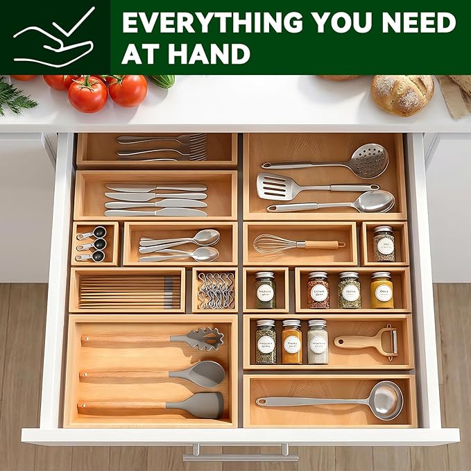 Bamboo Drawer Organizer 14 Pcs for Kitchen Multi-purpose Storage Dividers for