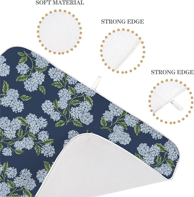 Navy Blue Dish Drying Mat 18x24 Inch Blue Green Vintage Floral Hydrangea Flower