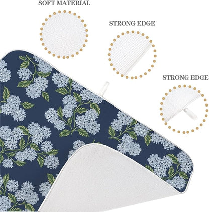 Navy Blue Dish Drying Mat 18x24 Inch Blue Green Vintage Floral Hydrangea Flower