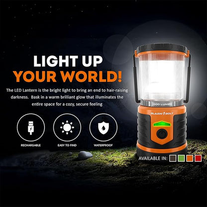 Blazin Bolt Rugged USB Rechargeable Lantern | 6000mAh Power Bank | 400 Lumen | 400 Hours of Light | 6 Modes | Camping, Emergency, Power Outage, Storm, Blizzard, Hurricane Survival