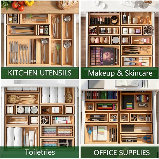 Bamboo Drawer Organizer 7 Pcs for Kitchen Multi-purpose Storage Dividers for