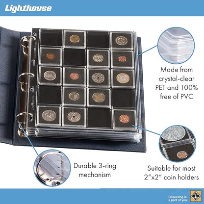Lighthouse - Coin Album Set with ENCAP 5 Pages for Quadrum Snaplocks, Fits 100 2"x2" Coin Holders - Green