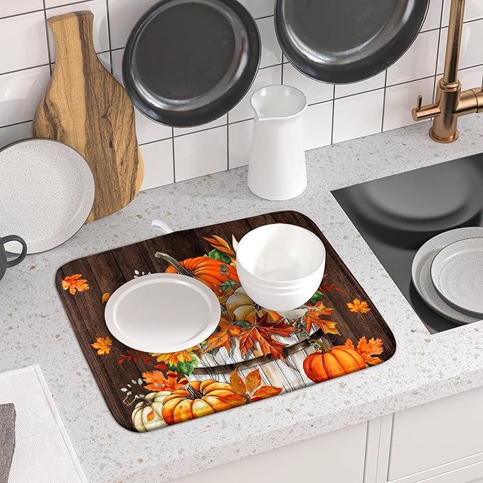 Fall Pumpkin Dish Drying Mat for Kitchen Counter Decor 16x18 Inch Halloween