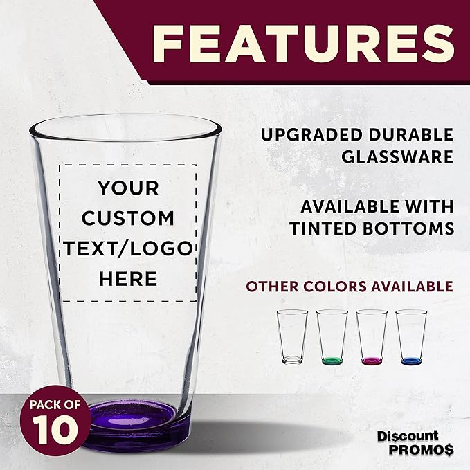 Custom Arc Pint Glass 16 oz. Set of 10, Personalized Bulk Pack - Beer Glasses, Heavy Duty Drinkware - Purple