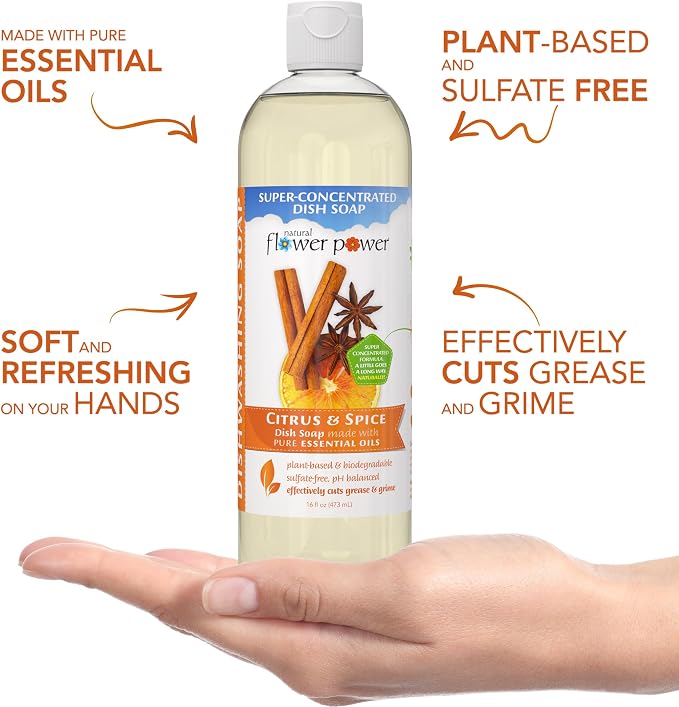 Natural Flower Power Liquid Dish Soap – Citrus & Spice – Plant-Based & Scented w/ Pure Essential Oils – Natural Liquid Dishwashing Detergent – Sulfate-Free Kitchen Soap – Vegan (16 Fl Oz 3 Pack)