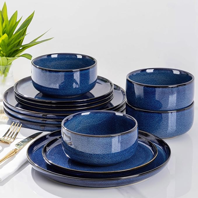 TheTerra Ceramic Dinnerware Sets for 4, 12 Pieces Handmade Reactive Glaze Plates and Bowls Set, Scratch Resistant Dish Set, Oven & Microwave & Dishwasher Safe, Blue