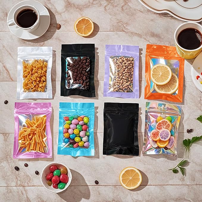 100 Pack Holographic Packaging Resealable Bags for Small Business -5.5 x 7.8 Inch Pouch Bags for Lipgloss Jewelry Cookies Sample - White
