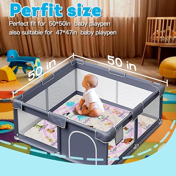 Baby Play Mat，Thick Soft 50" X 50" Playpen mat, Non-Slip and Machine Washable Baby Play Mats for Floor，Crawling Mat for Babies, Toddlers & Infants to Play and Learn (Pink Animal, 50" X 50")