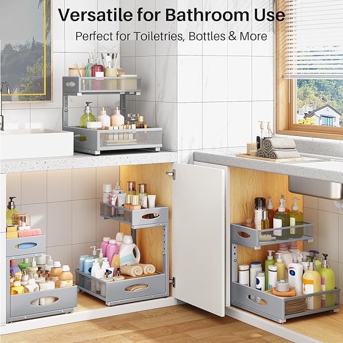 Under Sink Organizer, 2 Pack 2 Tier Pull Out Under Cabinet Organizer Shelf
