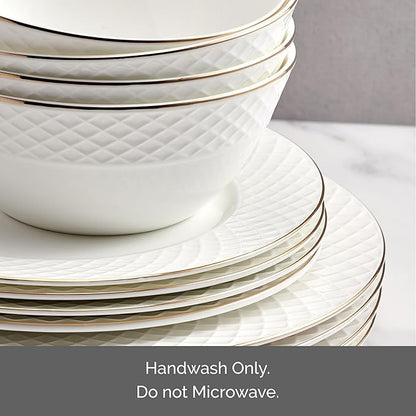 Mikasa Trellis Gold Rim Bone China Lightweight Chip Resistant 12 Piece Dinnerware Set, Service for 4