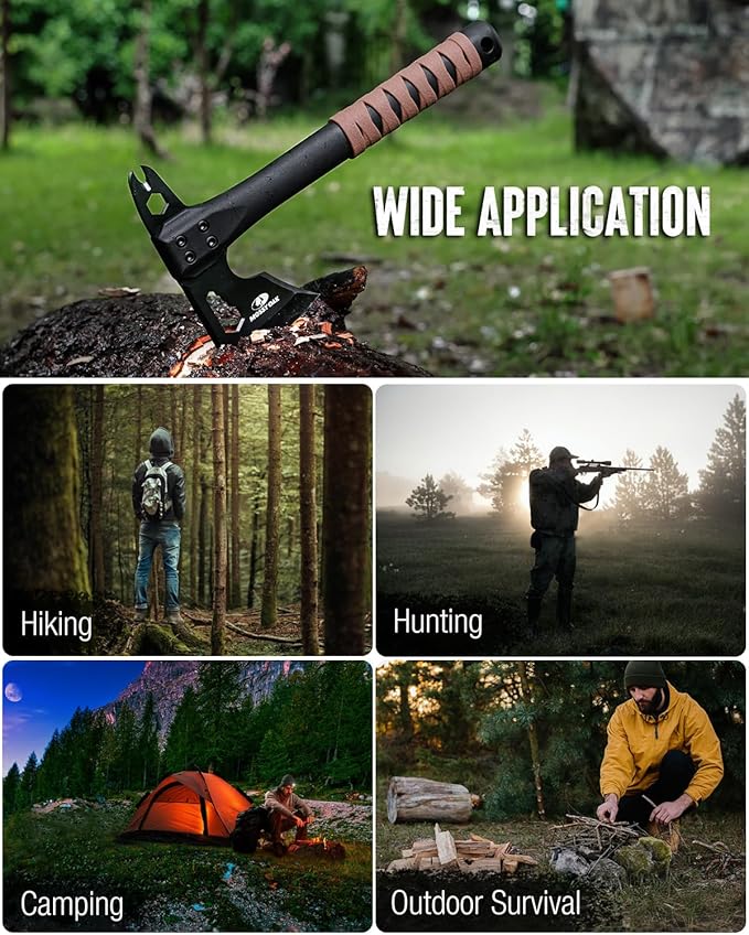 MOSSY OAK 12" Camping Axe and Survival Hatchet with Sheath, Compact Outdoor Multitool Hatchet with Hex Wrench Slots, Non-Slip Dual-Color Handle, Small Camping Gear for Hiking, Chopping, Hunting