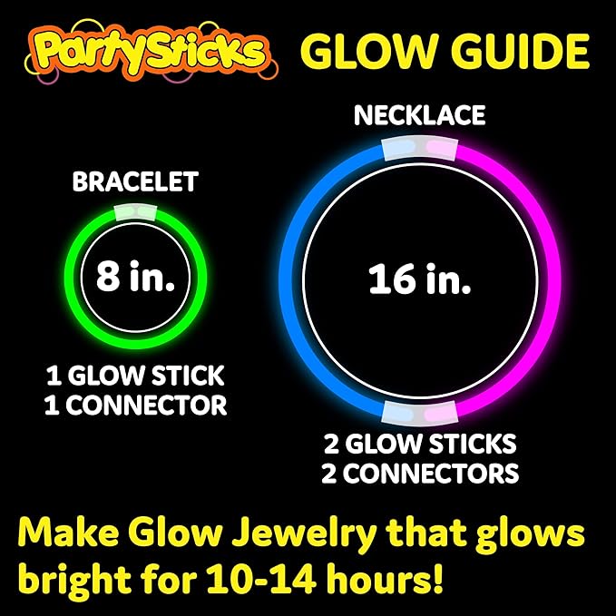 PartySticks Glow Sticks Party Supplies 1000 pack - 8 Inch Glow in The Dark Light Up Sticks Party Favors, Glow Decorations, Neon Party Glow Necklaces and Bracelets with Connectors