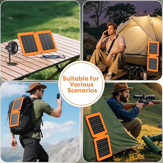 Solar Panels 10W Portable Foldable Solar Charger with 5V USB-A and USB-C Fast Charging Compatible with iPhone, iPad, Samsung, Power Banks, IPX5 Waterproof Perfect for Camping, Hiking, Outdoor