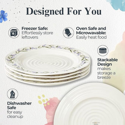 Portmeirion Sophie Conran Lavandula 11" Dinner Plate, Set of 4, Lavender Floral Pattern in Soft Purple-Green - Porcelain Plates for Garden Brunches, Spring Dinners, Weddings & Seasonal Entertaining