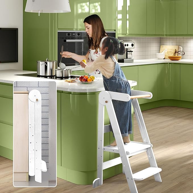 Foldable Toddler Tower 95% Preassembled Kitchen Stool Helper Folding Step Stool for Kids Montessori Toddler Standing Tower with 3 Adjustable Height Helper Tower for Kitchen Counter Sink White