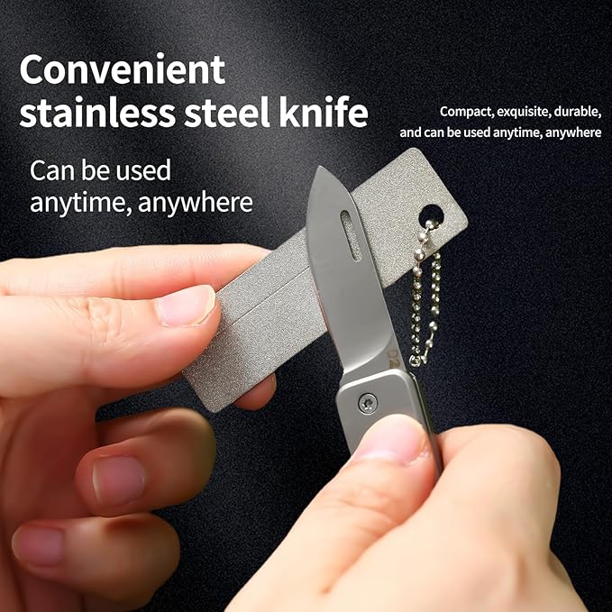 Stainless steel mini folding knife, portable key chain knife and small portable grindstone and outdoor fishing hook grinding tool, suitable for camping, hiking and outdoor. (silvery white)
