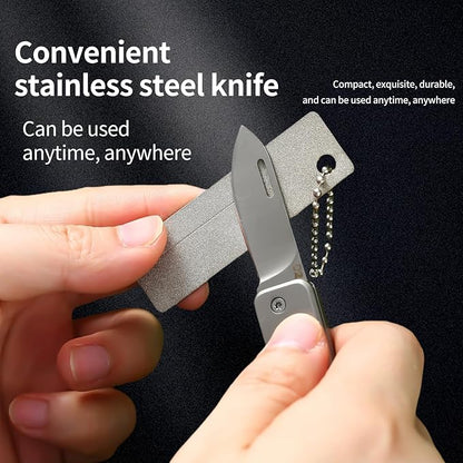 Stainless steel mini folding knife, portable key chain knife and small portable grindstone and outdoor fishing hook grinding tool, suitable for camping, hiking and outdoor. (silvery white)