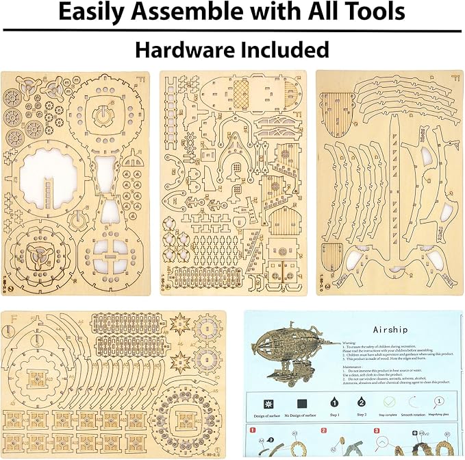 Kaptein 3D Wooden Puzzles for Adults & Teens – DIY Airship Model Kit to Build – Brain Teaser Craft – Birthday Gifts & Home Decor