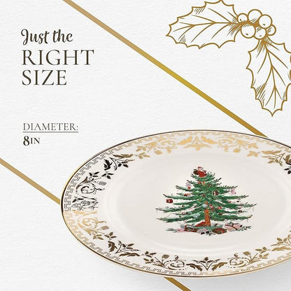 Spode Christmas Tree Gold Salad Plate, 8-Inch Porcelain Dinner & Appetizer Plate, Christmas Dinnerware, Microwave & Dishwasher Safe, Festive Collectible Seasonal Dining Plate