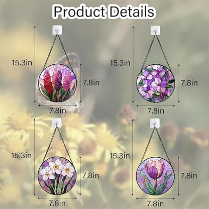 DASTOLL Stained Glass Window Hanging 4 Pcs Set Purple Flower Theme 7.8"