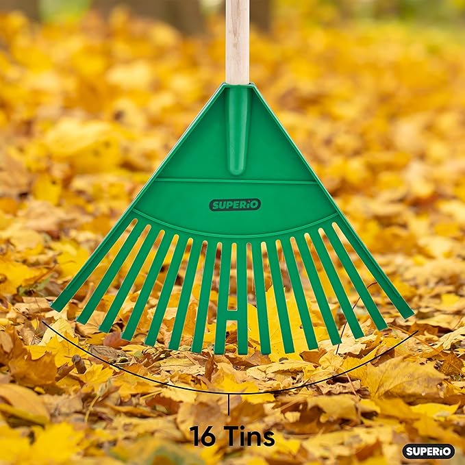 Pack of 12 Rake with Hardwood Handle, Durable Plastic Head to Sweep Leaves in Lawn and Tidying Up The Garden, 34" (Green)