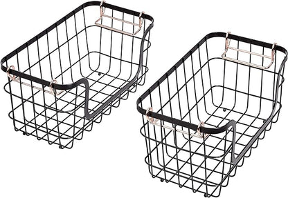 Amazon Basics Stackable Metal Wire Rectangular Storage Basket Set For Kitchen or Bathroom, 2 Count, Black