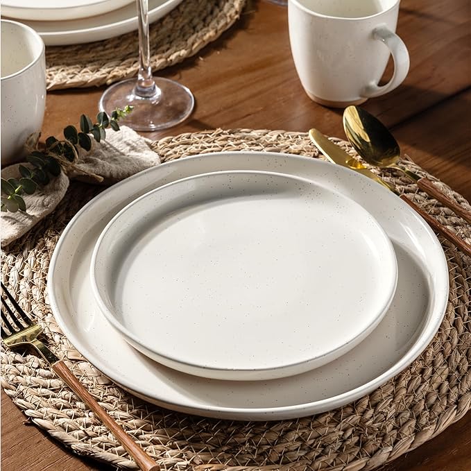 AmorArc Ceramic Dinnerware Sets for 6, 18 Pieces Handpainted Plates and Bowls Set with Rustic Terracotta Underside, Scratch Resistant Stoneware Dishes Set, Dishwasher & Microwave Safe,Light Beige