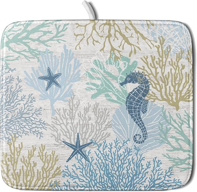 Blue Coral Dish Drying Mat Coastal Starfish Dishes Pad Hanging Drainer Mats