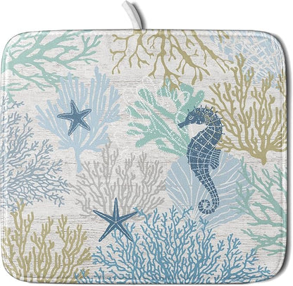 Blue Coral Dish Drying Mat Coastal Starfish Dishes Pad Hanging Drainer Mats