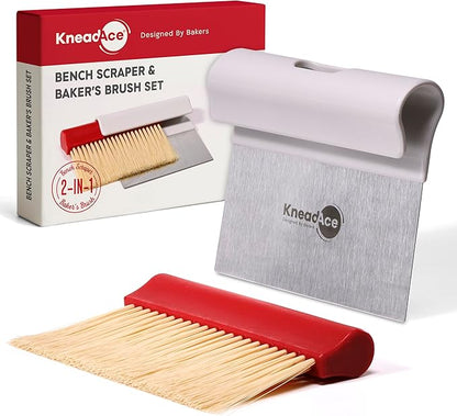 KneadAce Dough Scraper & Baker’s Brush Set. Stainless Steel Bench Scraper &