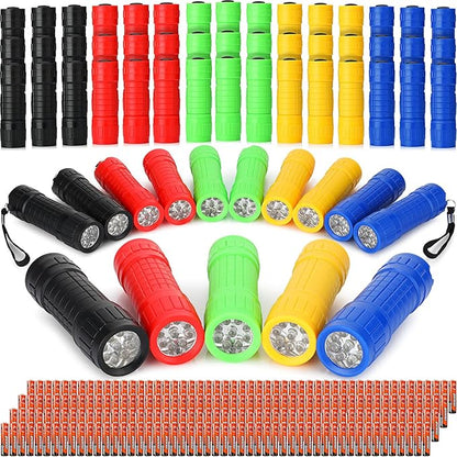 Riakrum 60 Pack 9 LED Flashlight Bulk Small Plastic Handheld Flashlights with Lanyard for Home School Night Reading Emergency Christmas Gifts, AAA Batteries Included(Fresh Color)