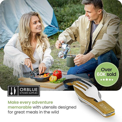 Orblue 4-in-1 Camping Eating Utensils, 2-Pack - Portable Spoon, Fork, Knife & Bottle Opener Combo Set - Stainless Steel Flatware with Detachable Fork - Travel, Backpacking Cutlery Multitool, Yellow
