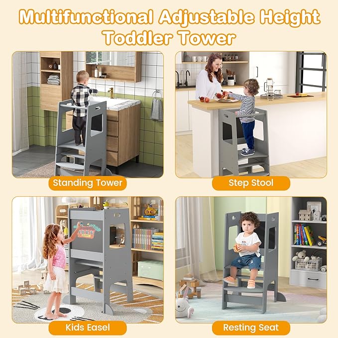 INFANS Toddler Standing Tower, Kids Montessori Kitchen Step Stool Helper with 2 Adjustable Height Learning Blackboard Safety Rail Wooden, Anti-Slip Mats, 1-3 Year Old Boy Girl Gifts (Grey)