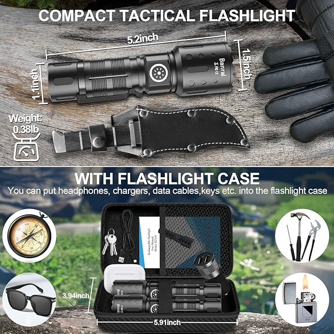 Rechargeable Flashlights High Lumens, Super Bright LED Small Powerful Tactical Flashlight with Memory Function, 6Modes Pocket Waterproof Flash Light for Camping,Emergency