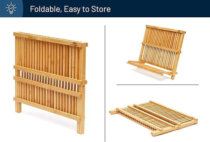RoyalHouse Premium Natural Bamboo Dish Rack, Collapsible Dish Drainer, Foldable