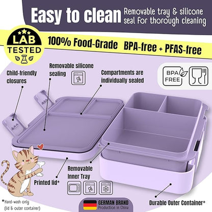 BEARFOOT Kids Lunch Box with Compartments – Compact & Lightweight | Leak-Proof, BPA-Free, Dishwasher & Microwave Safe | Hand-Drawn Design for Preschool, School, Travel (Purple, 4 Cups)