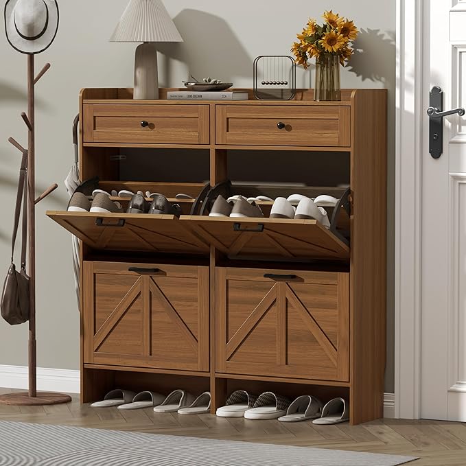 Shoe Cabinet with 4 Flip Drawers & 2 Storage Drawers, Rustic Farmhouse Narrow