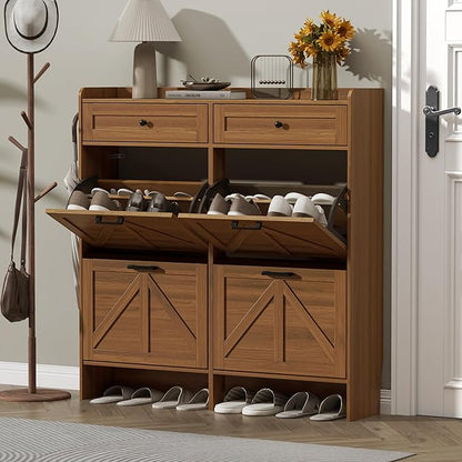 Shoe Cabinet with 4 Flip Drawers & 2 Storage Drawers, Rustic Farmhouse Narrow
