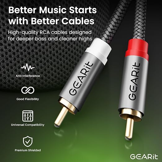 GEARit RCA Cables Car Audio 20ft, Oxygen Free Copper RCA Cables with Dual Shielding & Gold-Plated Connectors, Audio Cable for Subwoofer Cable, Hi-Fi System, Amplifier, Active Speakers, Gaming Consoles