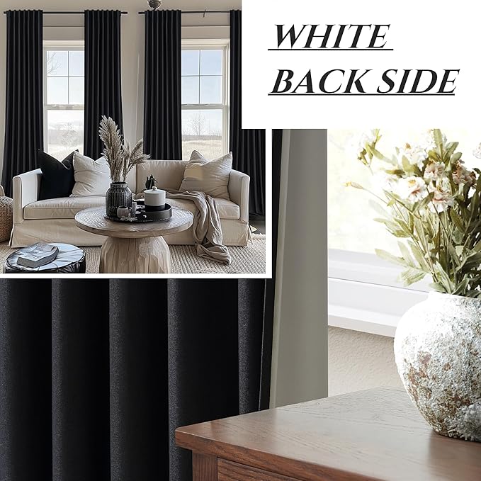 Black Curtains for Bedroom 90 Inch Long 2 Panels Set