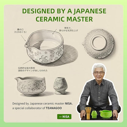 TEANAGOO 7-PCS Green Matcha Whisk Set, Complete Ceremony Start Kit, Ceramic