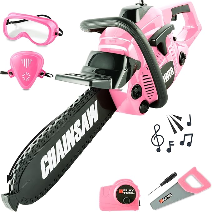 Toy Choi's Kids Toy Chainsaw - Pretend Play Construction Tool Electric Chainsaw Toy for Kids , Toy Tool Set Outdoor Gardening Play, Pink Toys for Girls 3-5 +
