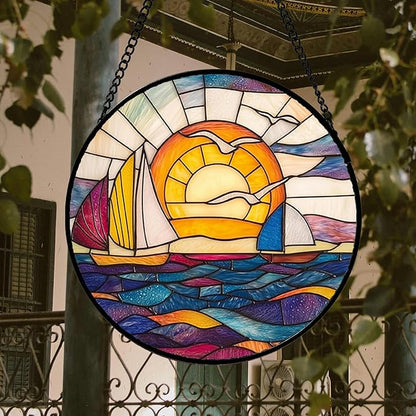 DASTOLL Stained Glass Window Hanging, Sailboat and Waves Suncatcher Diamond