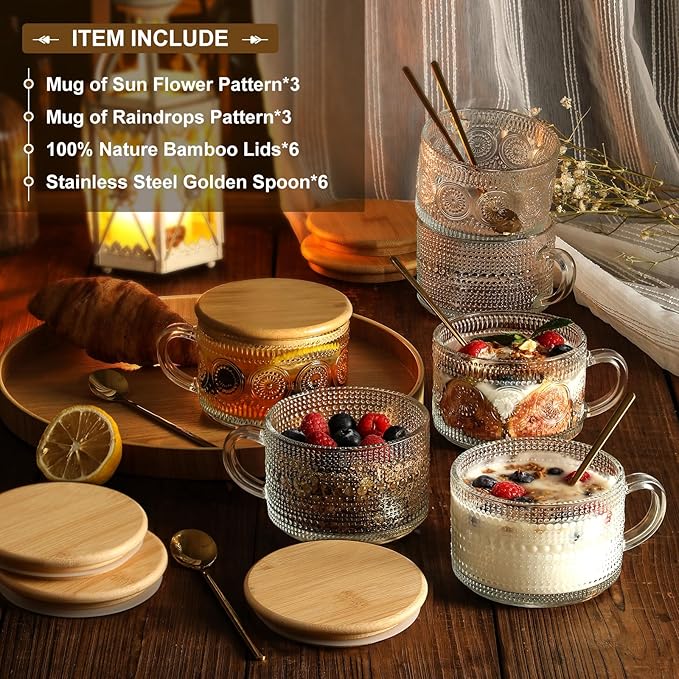 LANDNEOO 6 Pack 14oz Vintage Glass Coffee Mugs