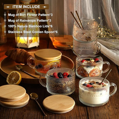LANDNEOO 6 Pack 14oz Vintage Glass Coffee Mugs
