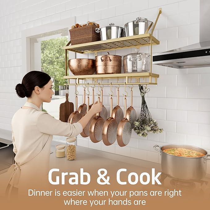KES 30-Inch Gold Pot Rack Wall Mounted, 2-Tier Hanging Pot and Pan Organizer