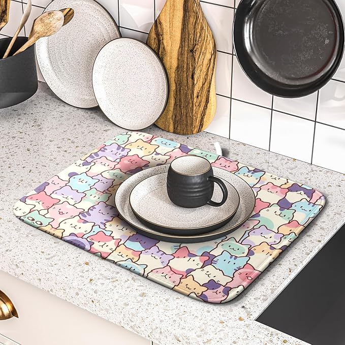 Colorful Cats Dish Drying Mat 16x18 inch Cute Animal Microfiber Reversible Fast